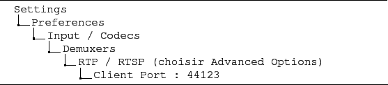 \begin{figure}\dirtree{%
.1 Settings.
.2 Preferences.
.3 Input / Codecs.
.4 Demu...
...
.5 RTP / RTSP (choisir Advanced Options).
.6 Client Port: 44123.
}
\end{figure}